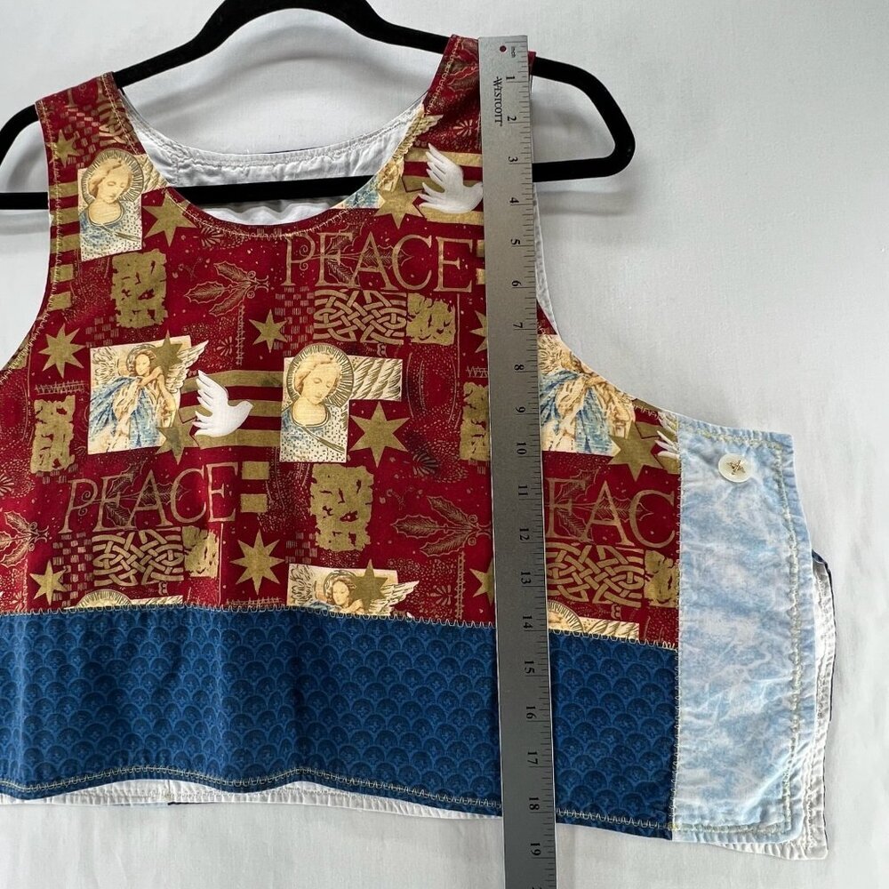 Handmade Upcycled Patchwork Vest Womens Angel Dove Peace Print Crop Top Blue Red - Picture 9 of 10